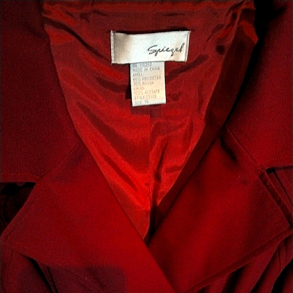 Long Trenchcoat, Cranberry color, belted at waist & sleeves. By Speigel. Size 14